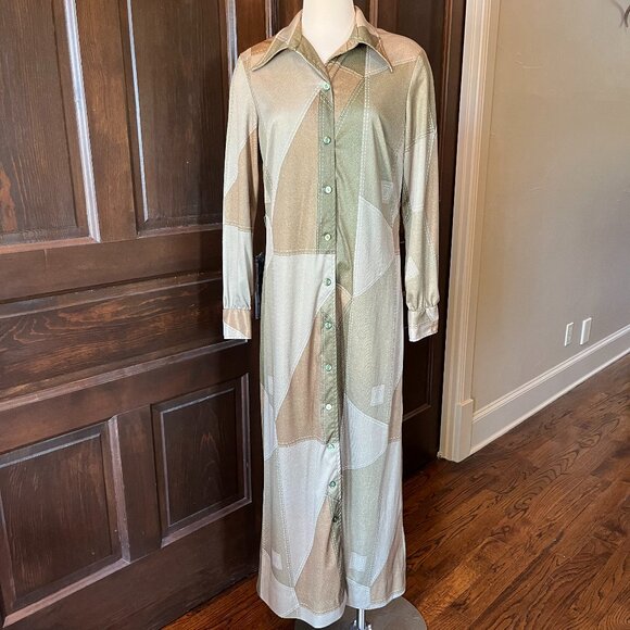 Vintage 70s Hostess Dress 100 Parkhouse Dallas Button Front Maxi Green M (est) - Picture 2 of 12
